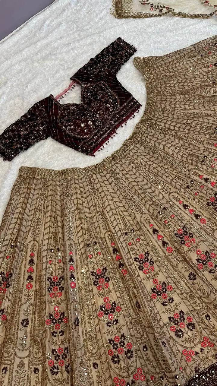 Beige Brown Kasturi Silk Dori, Thread & Sequence Work Lehenga Choli