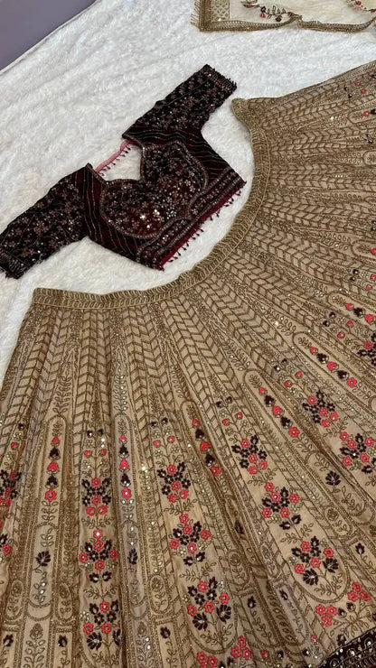 Beige Brown Kasturi Silk Dori, Thread & Sequence Work Lehenga Choli