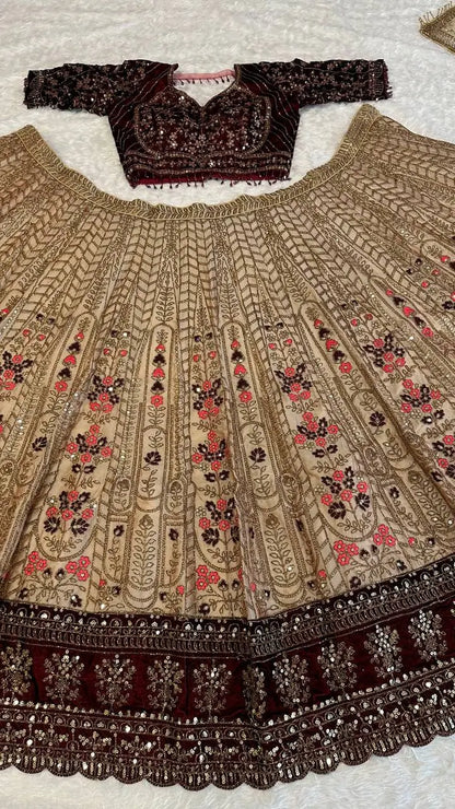 Beige Brown Kasturi Silk Dori, Thread & Sequence Work Lehenga Choli
