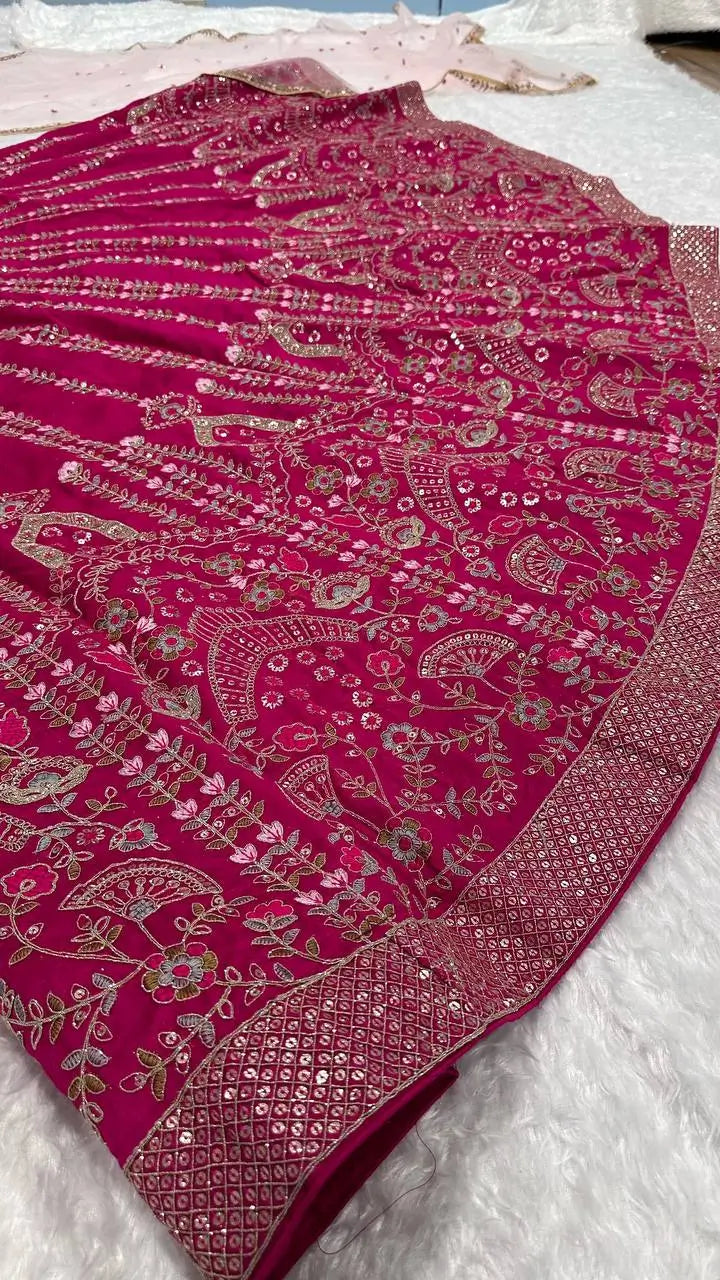 Hot Pink Slub Silk Lehenga Choli With Sequence, Thread & Dori Work