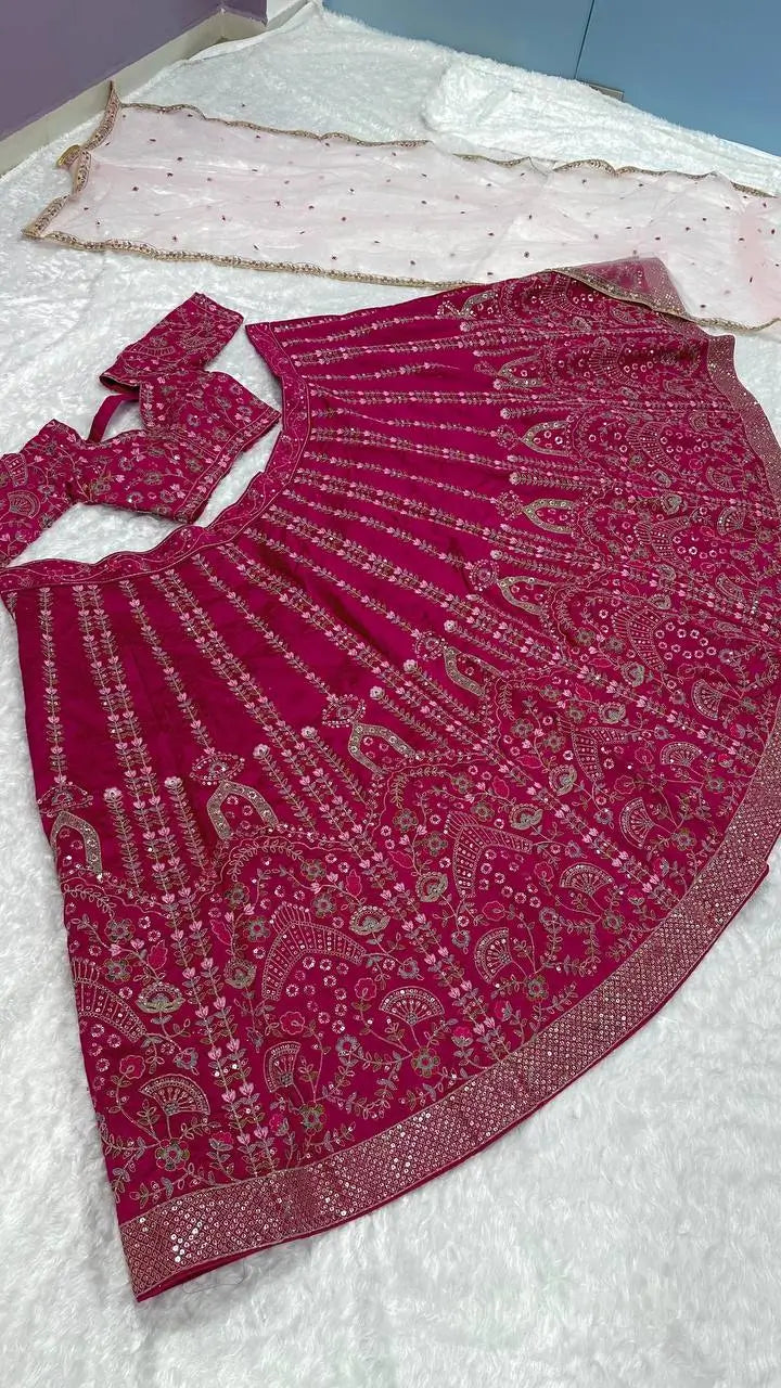 Hot Pink Slub Silk Lehenga Choli With Sequence, Thread & Dori Work