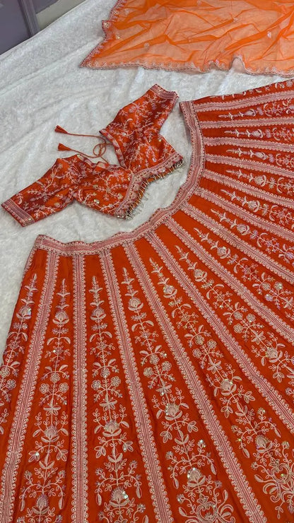 Orange Mul Mul Silk Silk Thread & Sequence Work Lehenga Choli