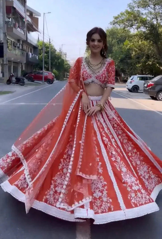 Orange Mul Mul Silk Silk Thread & Sequence Work Lehenga Choli