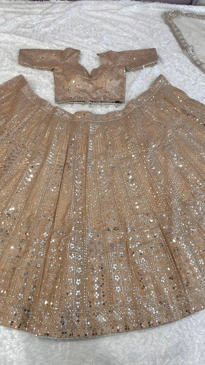 Dark Beige Kasturi Silk Sequence &amp; Dori Work Lehenga Choli