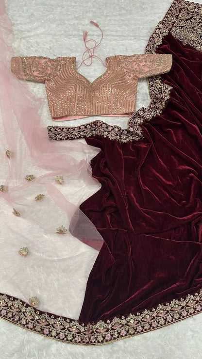 Maroon-Pink Velvet & Net Saree With Sequins, Thread & Dori Work