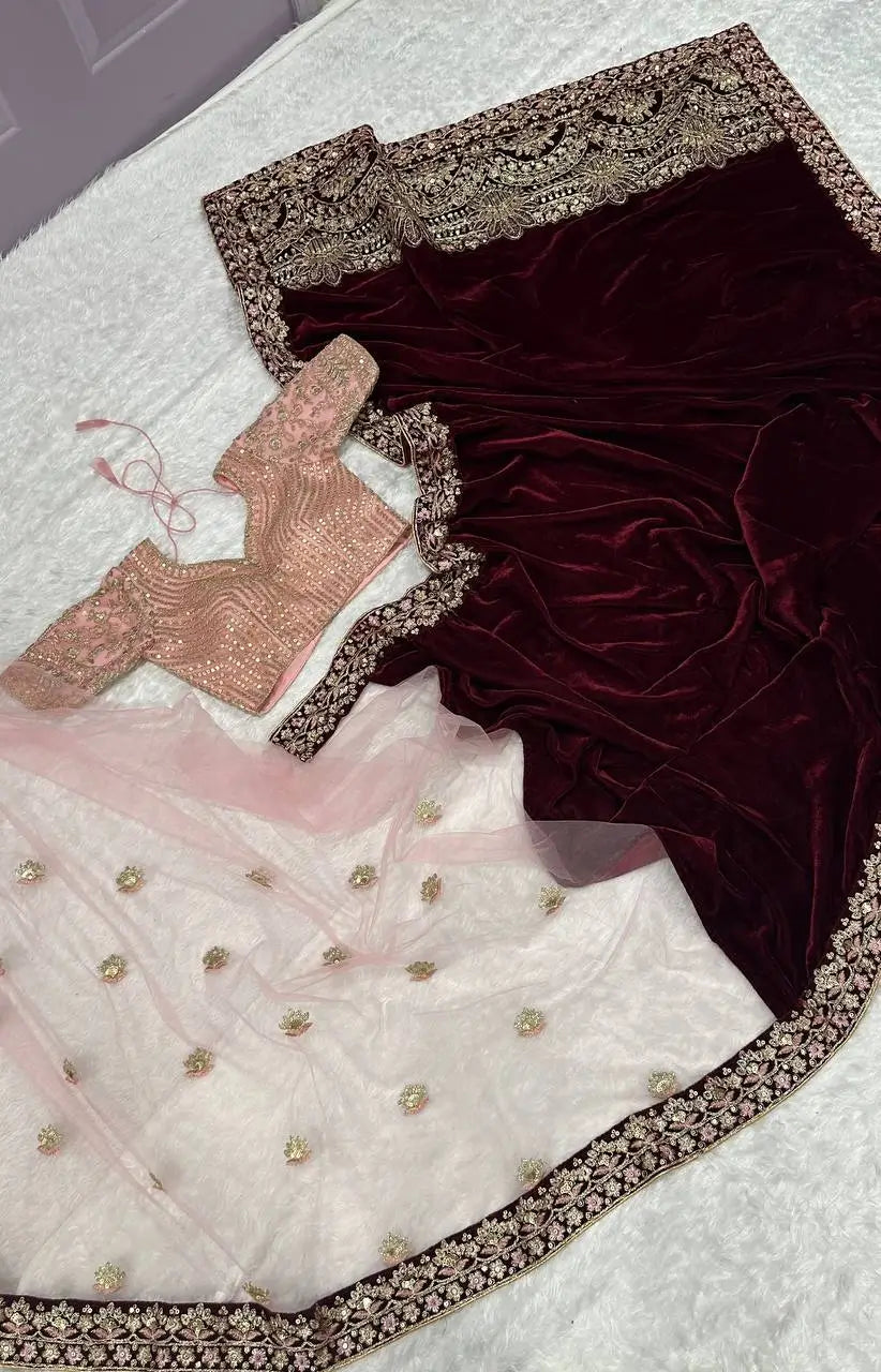 Maroon-Pink Velvet & Net Saree With Sequins, Thread & Dori Work