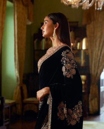 Black-Pink Velvet & Net Saree With Sequins, Thread & Dori Work