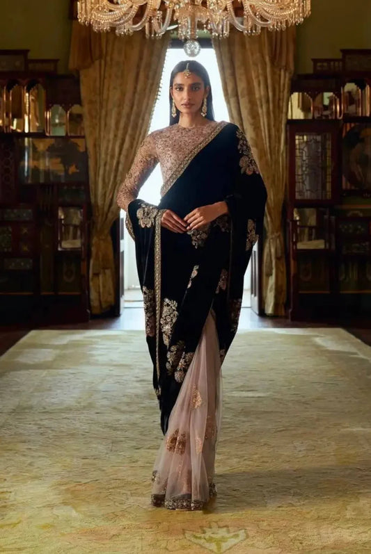 Black-Pink Velvet & Net Saree With Sequins, Thread & Dori Work