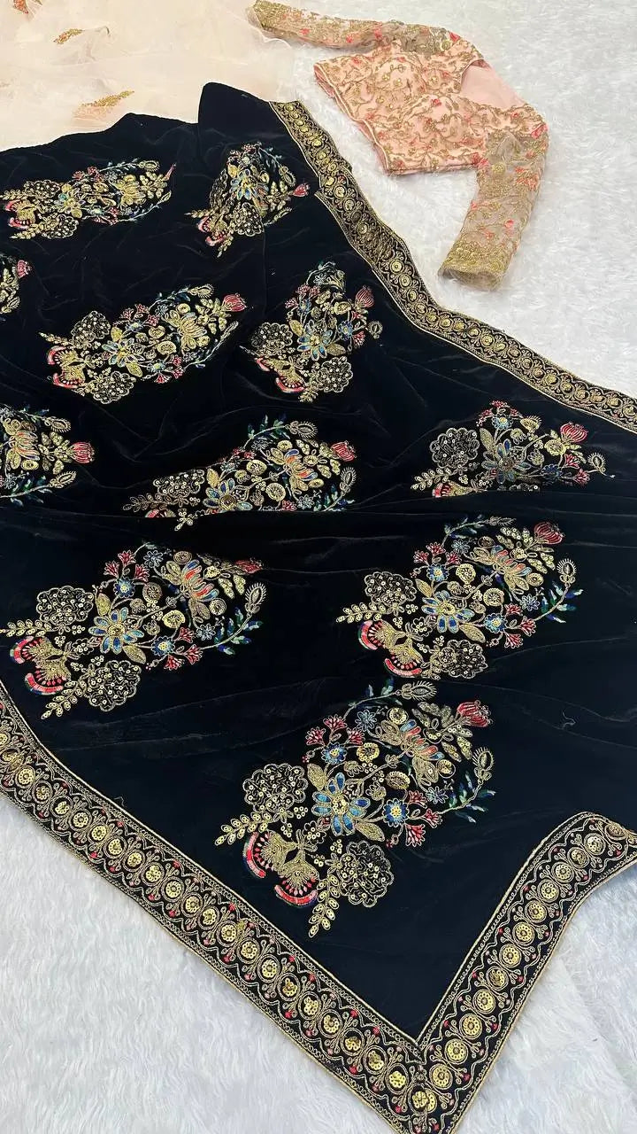Black-Pink Velvet & Net Saree With Sequins, Thread & Dori Work