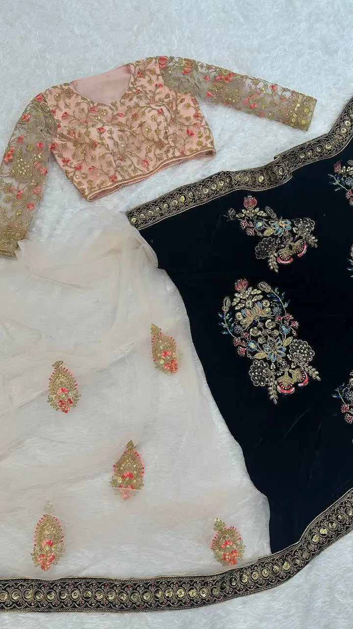 Black-Pink Velvet & Net Saree With Sequins, Thread & Dori Work