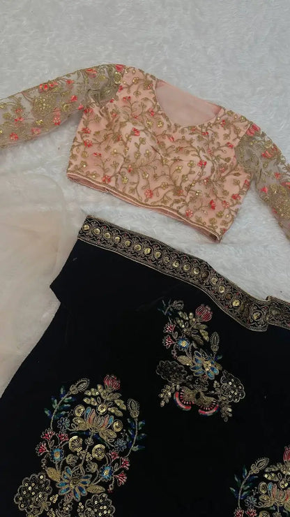 Black-Pink Velvet & Net Saree With Sequins, Thread & Dori Work