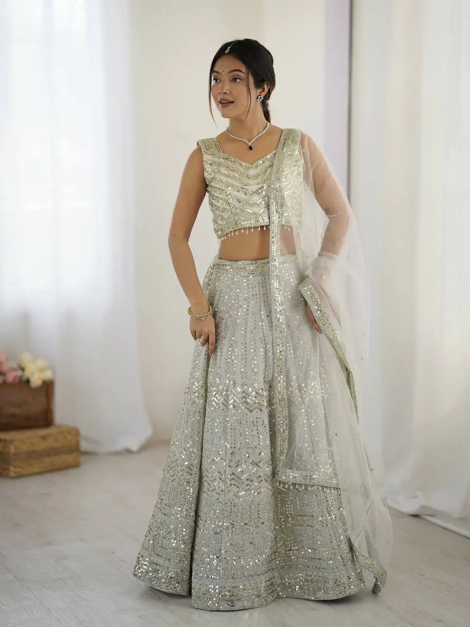 Off White Georgette Lehenga Choli With Sequins & Dori Work