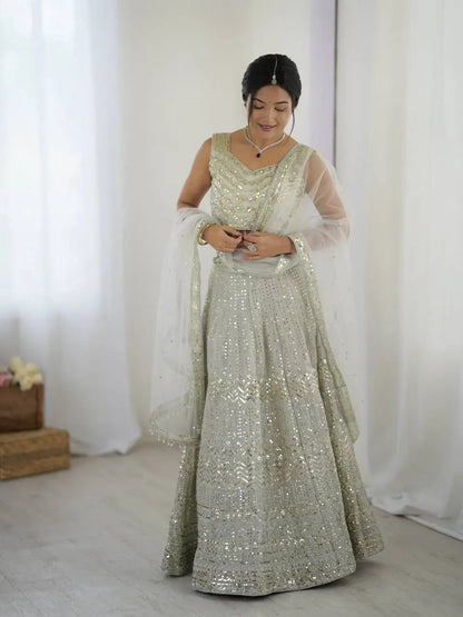 Off White Georgette Lehenga Choli With Sequins & Dori Work