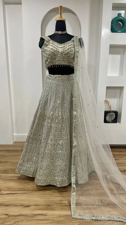 Off White Georgette Lehenga Choli With Sequins & Dori Work