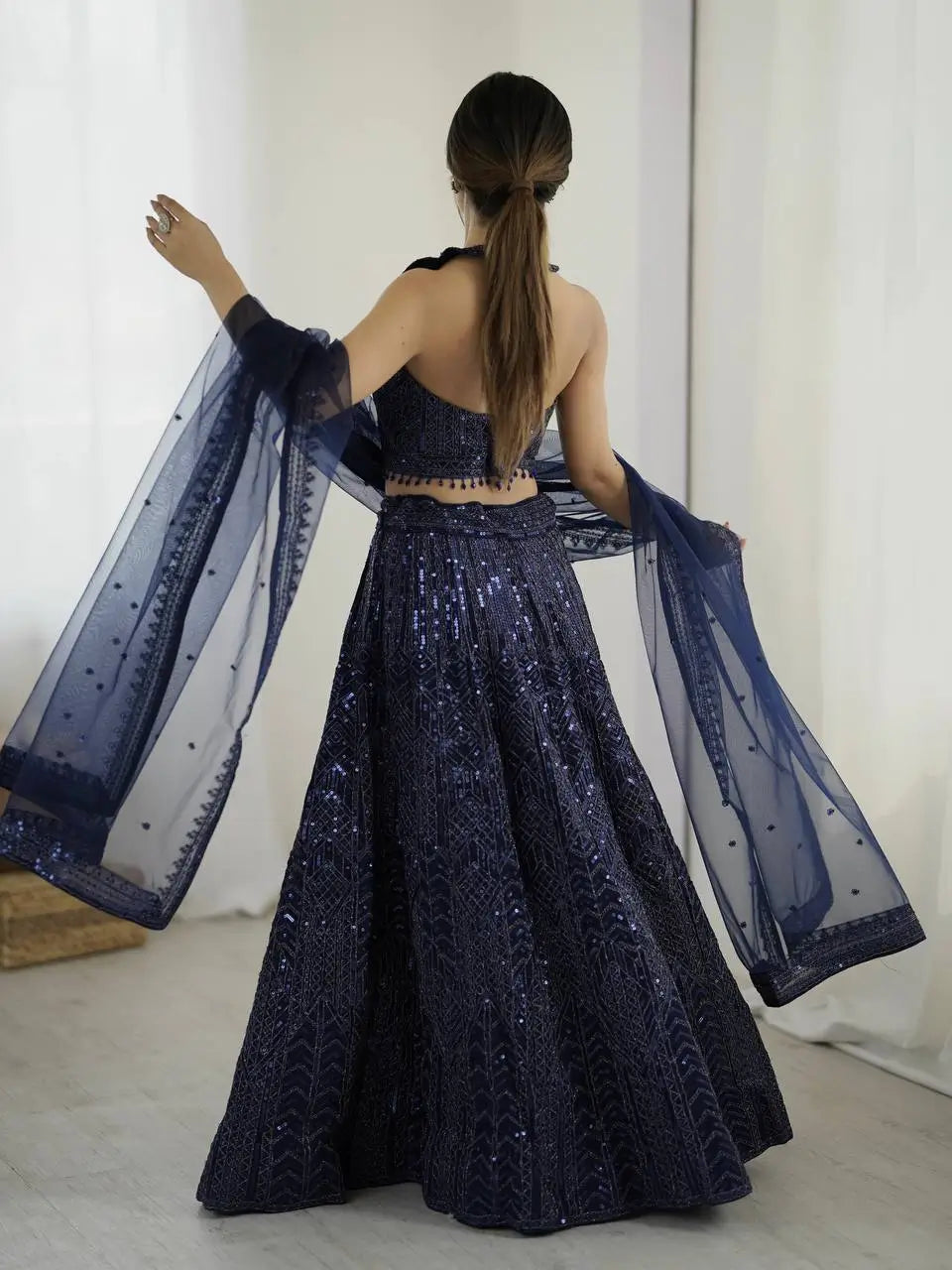 Navy Blue Net Lehenga Choli With Sequins & Dori Work