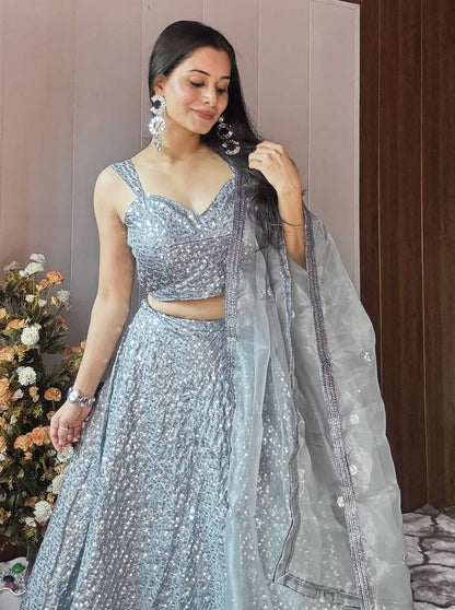 Silver Grey Kasturi Crepe Silk Sequence Embroidery Work Lehenga Choli