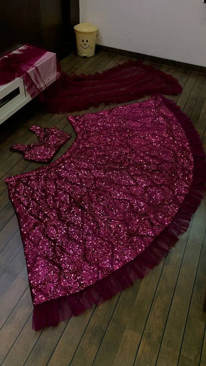 Wine Velvet Thread & Sequence Embroidery Work With Ruffle Border Lehenga Choli