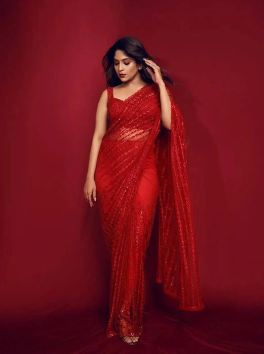 Red Net Saree With Sequins & Thread Work