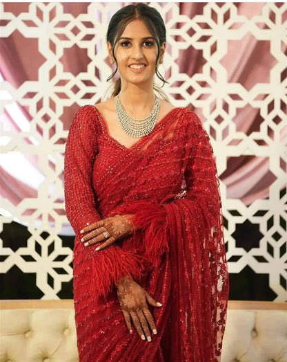 Red Net Saree With Sequins & Thread Work