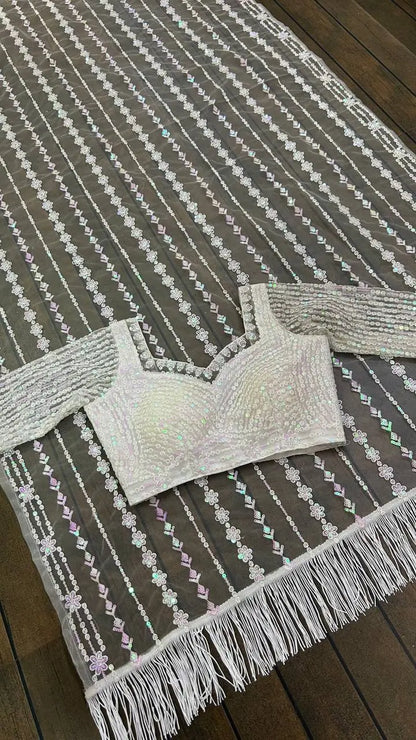 White Net Saree With Sequins & Thread Work