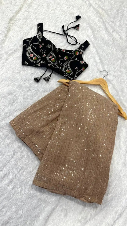 Beige Georgette Saree With Sequins Embroidery Work