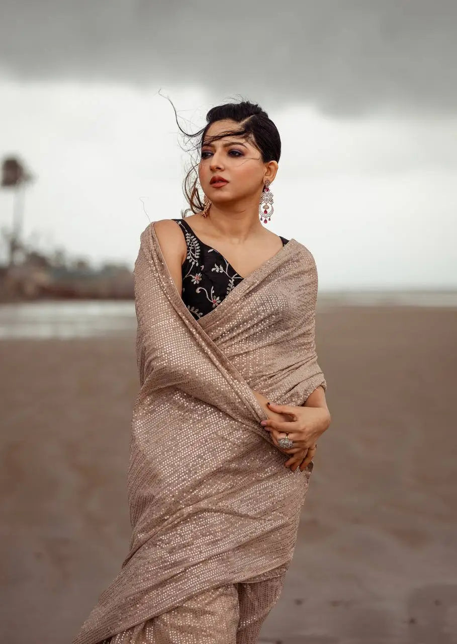 Beige Georgette Saree With Sequins Embroidery Work
