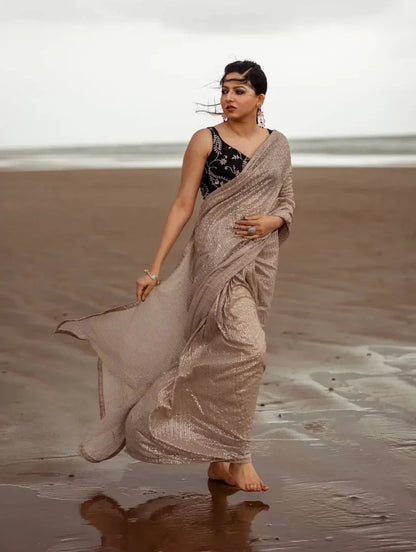Beige Georgette Saree With Sequins Embroidery Work