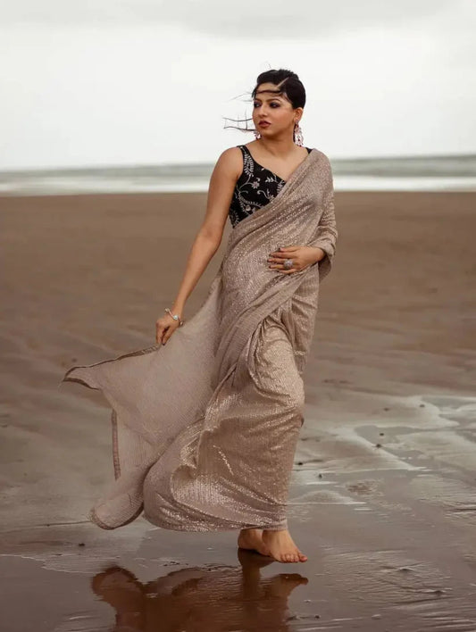 Beige Georgette Saree With Sequins Embroidery Work