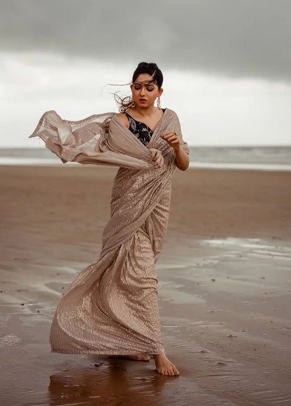 Beige Georgette Saree With Sequins Embroidery Work