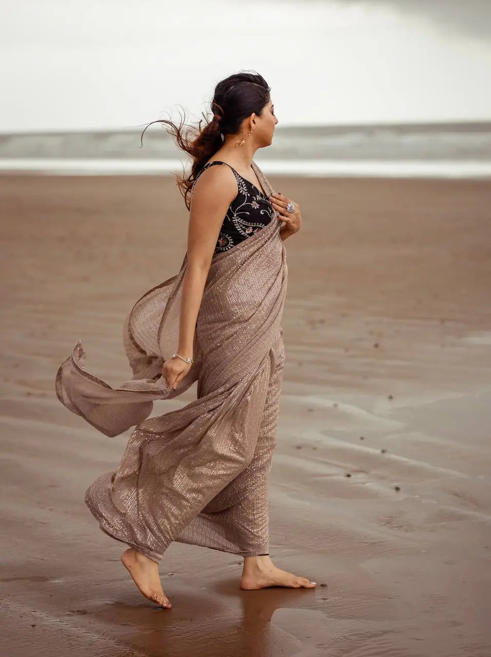 Beige Georgette Saree With Sequins Embroidery Work