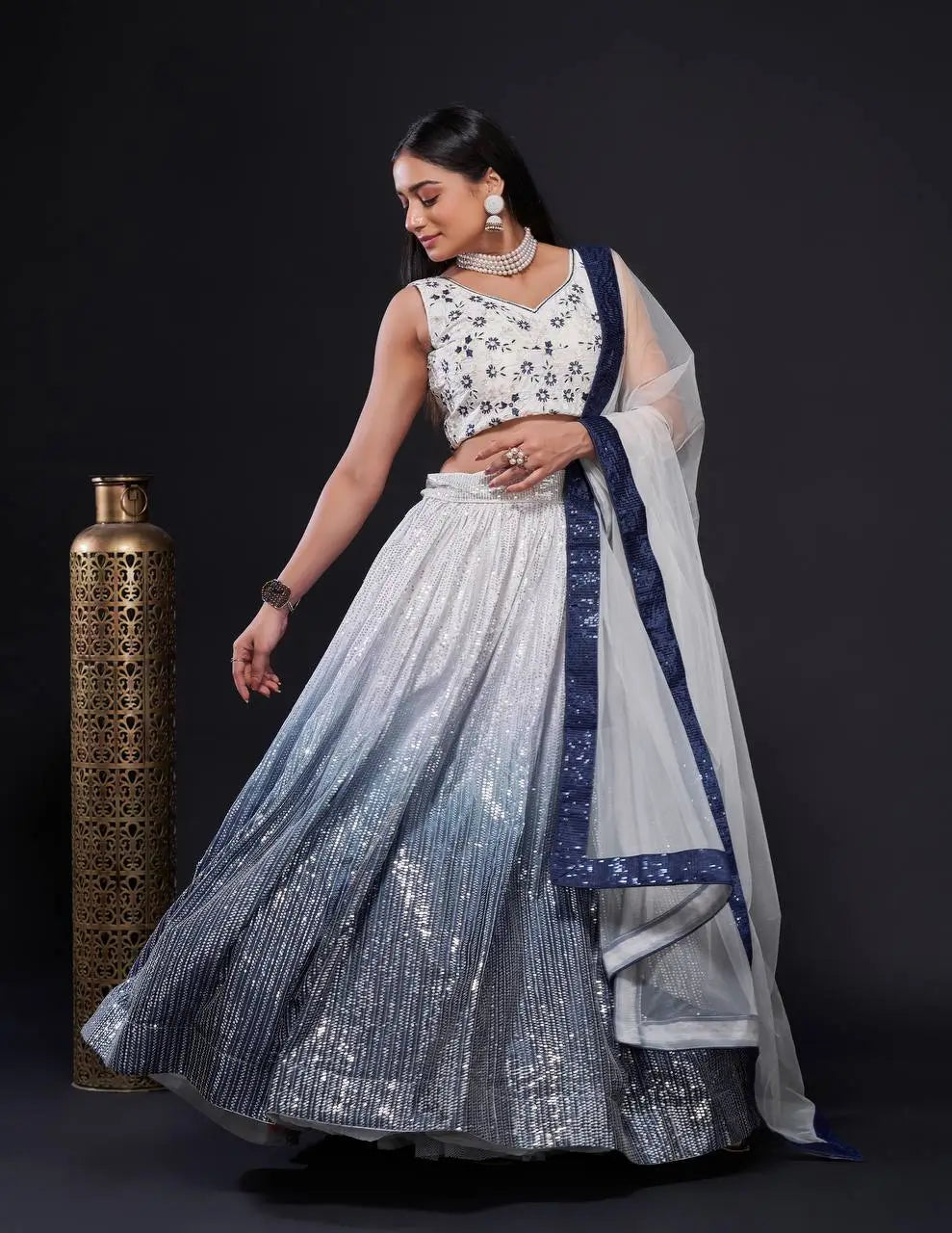 White-Blue Satin Silk Dori &amp; Sequence Embroidery Work Lehenga Choli