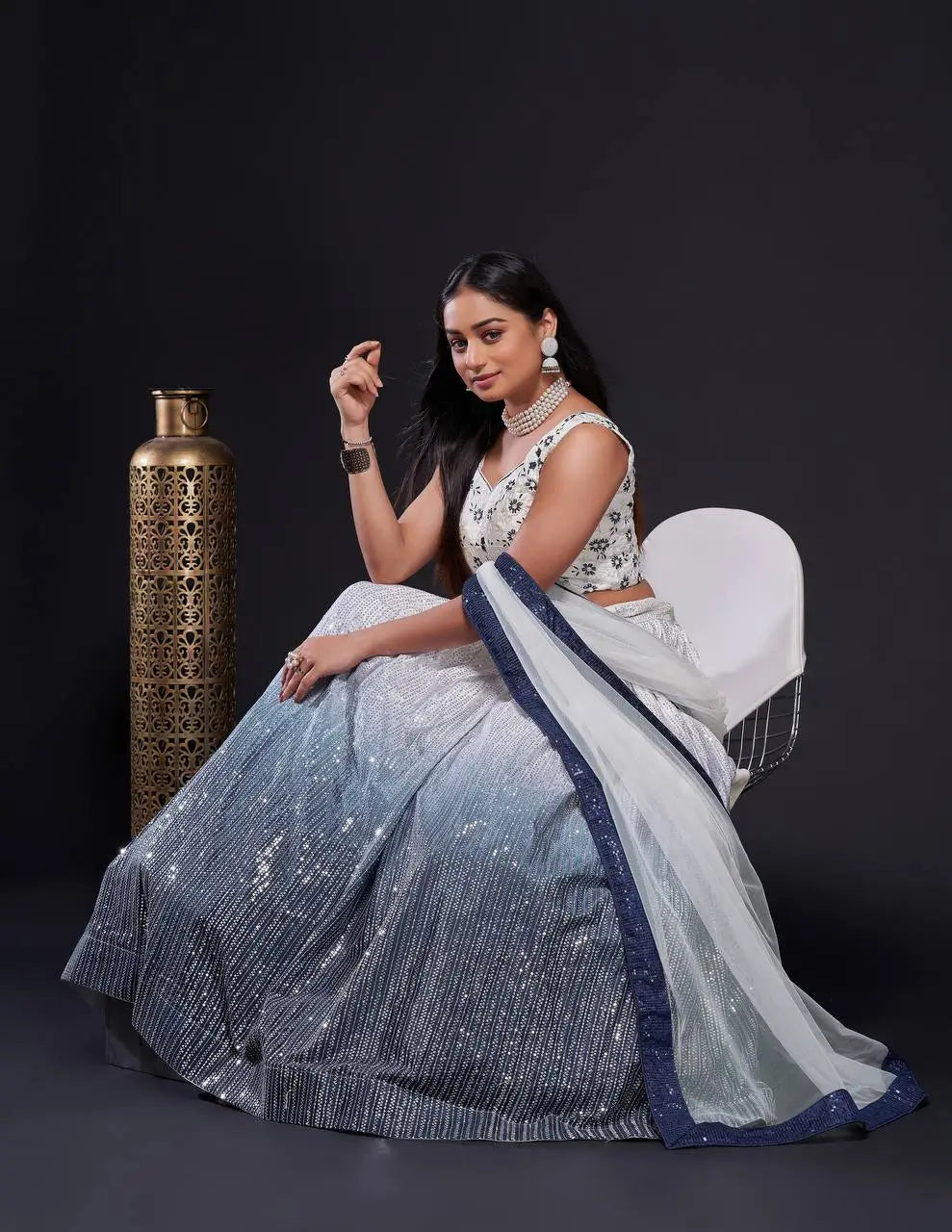 White-Blue Satin Silk Dori &amp; Sequence Embroidery Work Lehenga Choli