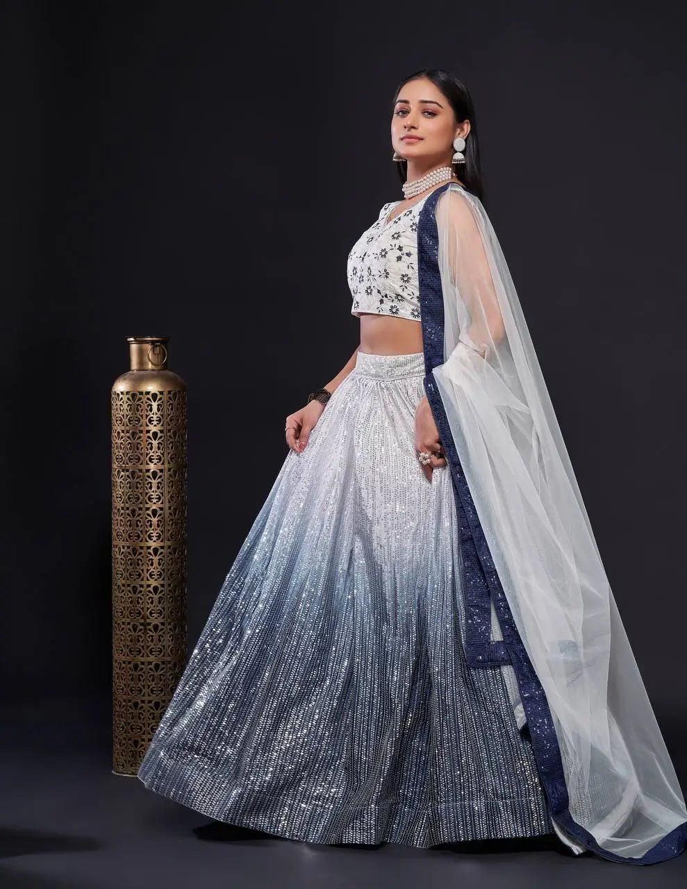 White-Blue Satin Silk Dori &amp; Sequence Embroidery Work Lehenga Choli