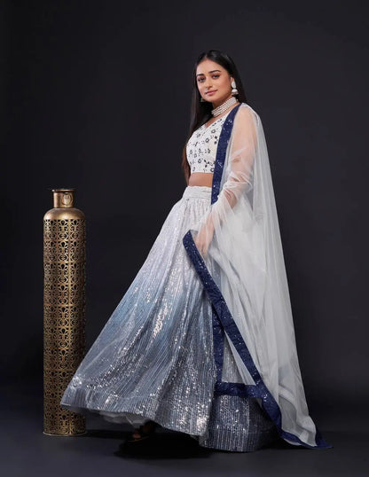 White-Blue Satin Silk Dori &amp; Sequence Embroidery Work Lehenga Choli
