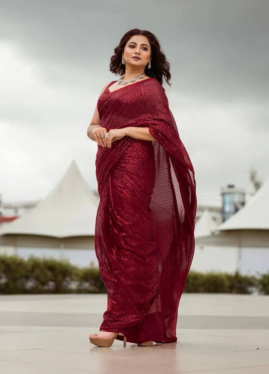 Hot Red Georgette Saree With Sequence Work