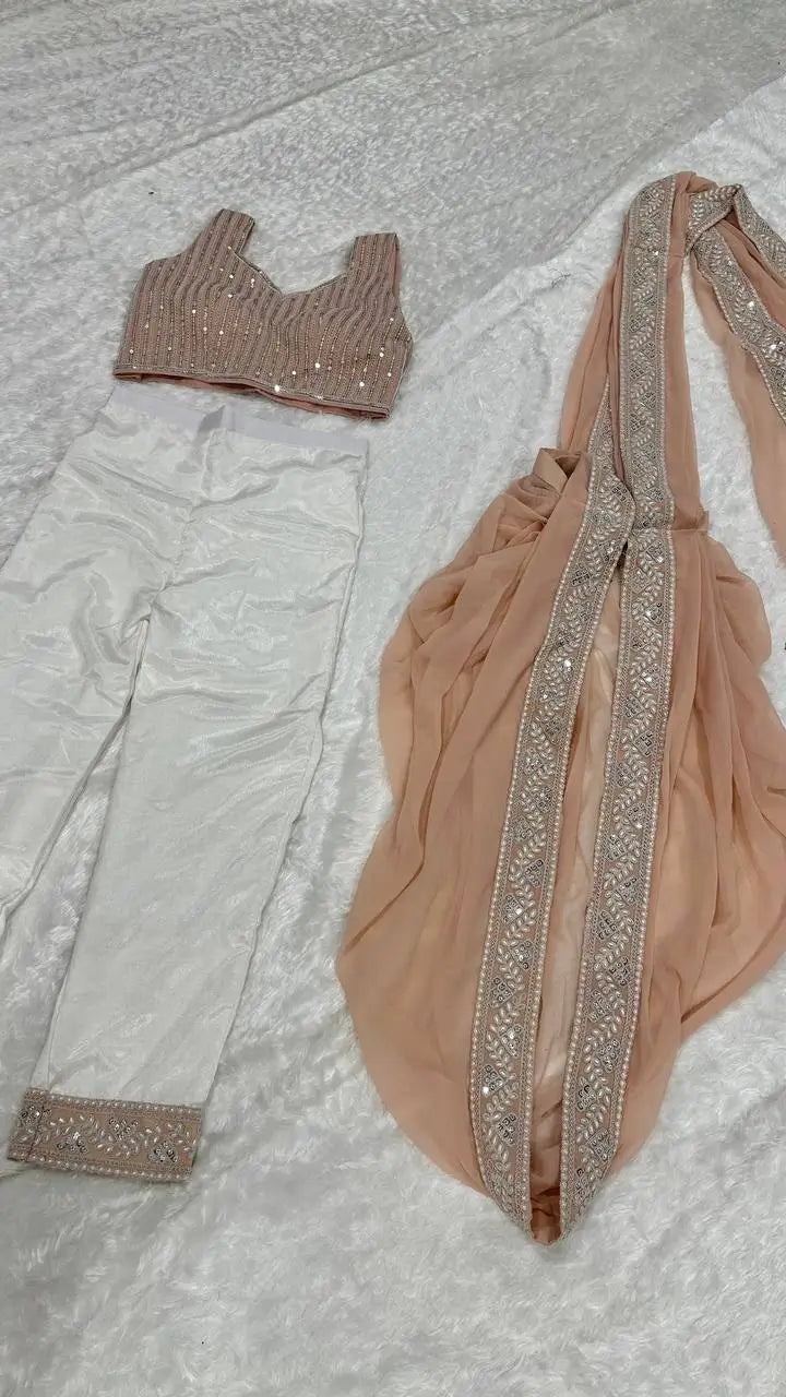 Peach-White Georgette Ready To Wear Pant Saree With Sequins & Resham Thread Work
