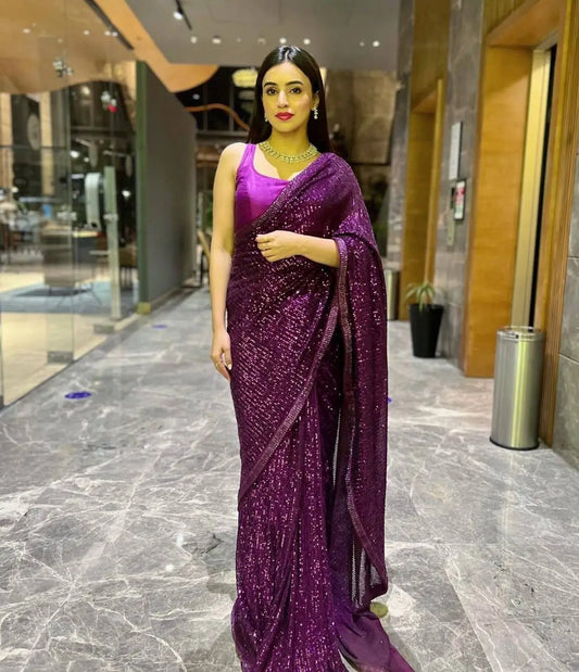 Dark Purple Georgette Saree With Sequins & Dori Border Work