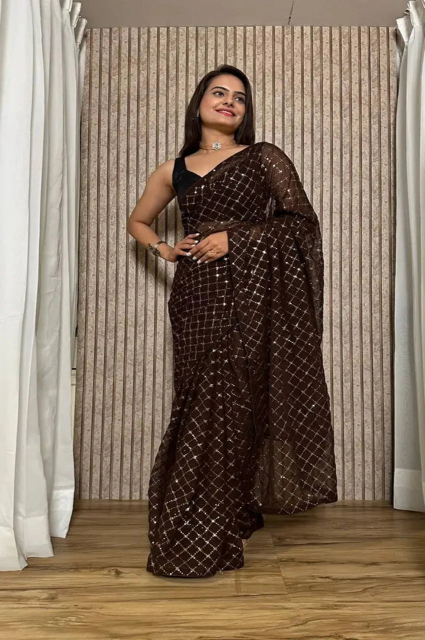 Dark Brown Georgette Saree With Sequins Embroidery Work