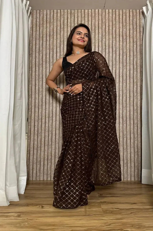 Dark Brown Georgette Saree With Sequins Embroidery Work