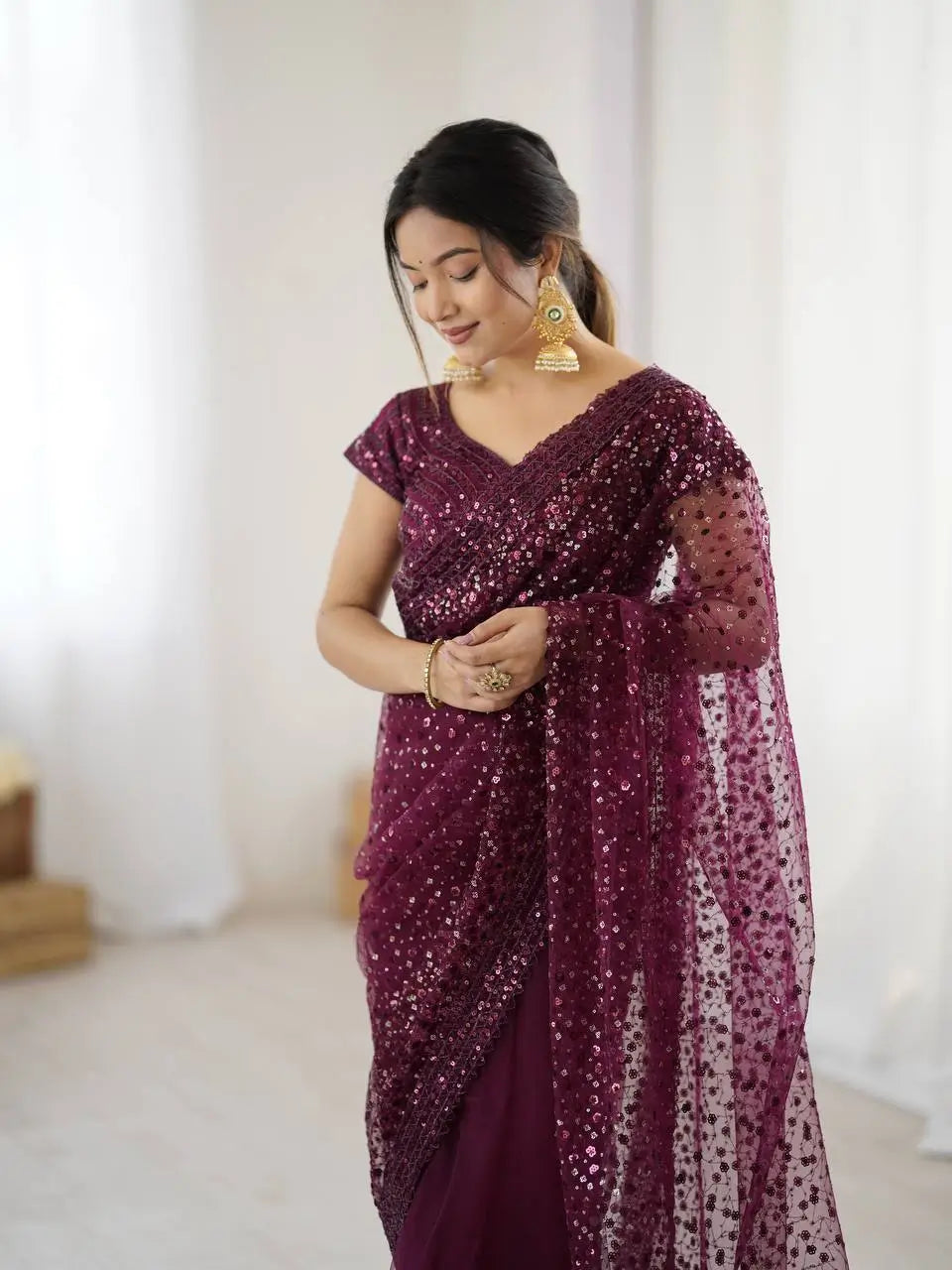 Wine Net Saree With Sequins & Dori Work