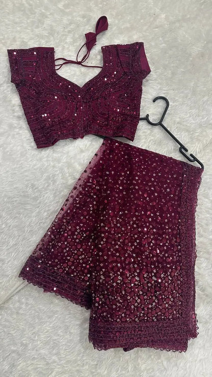 Wine Net Saree With Sequins & Dori Work
