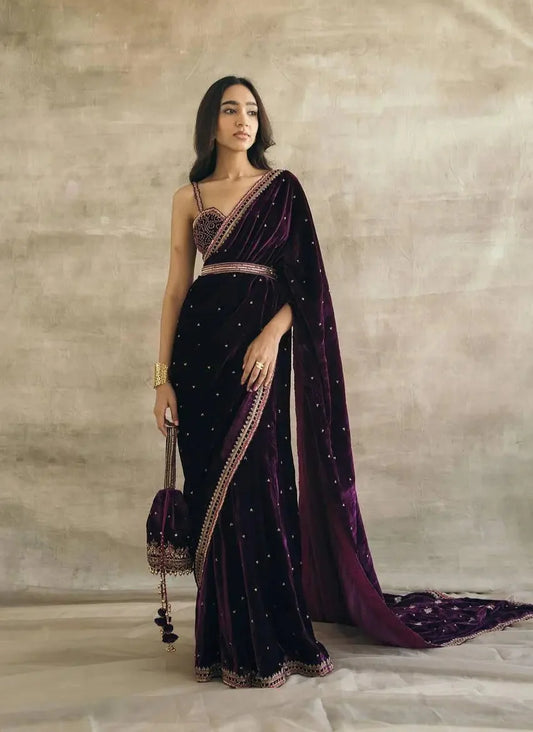 Wine Velvet Saree With Sequins, Zari & Thread Work
