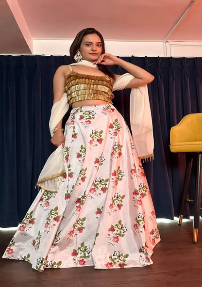 White Tapeta Silk Floral Printed Lehenga Choli