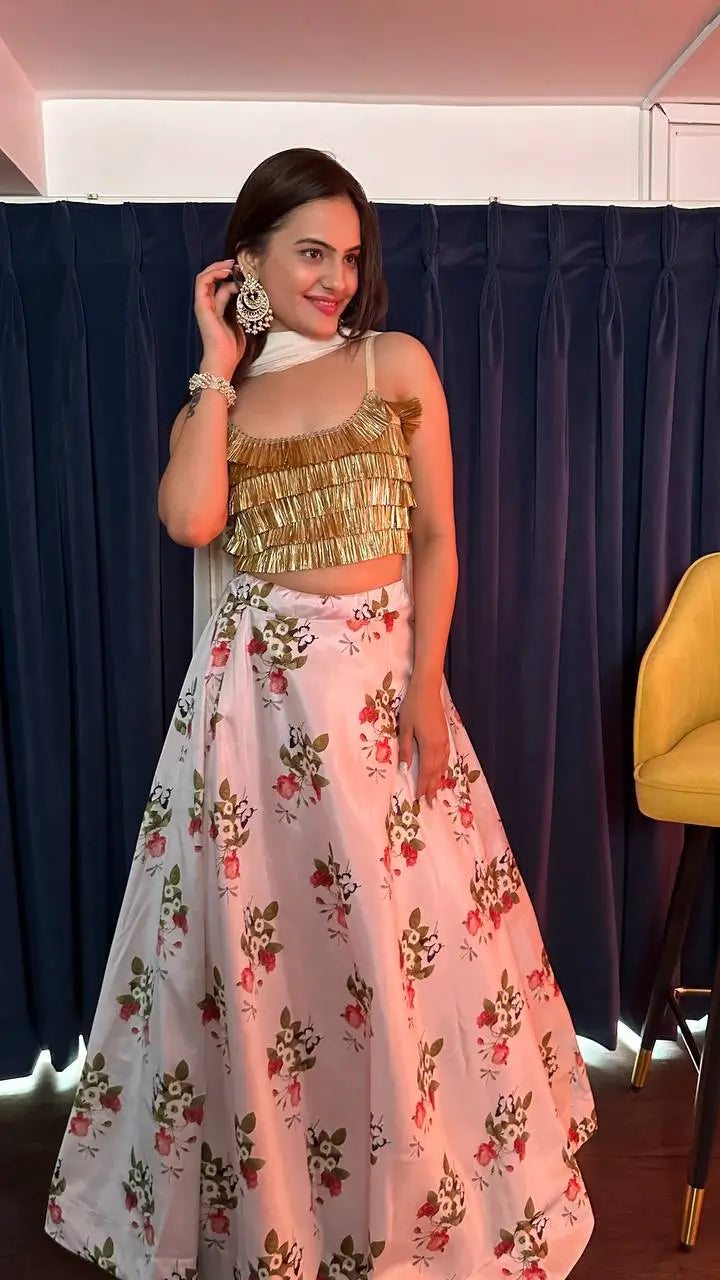 White Tapeta Silk Floral Printed Lehenga Choli