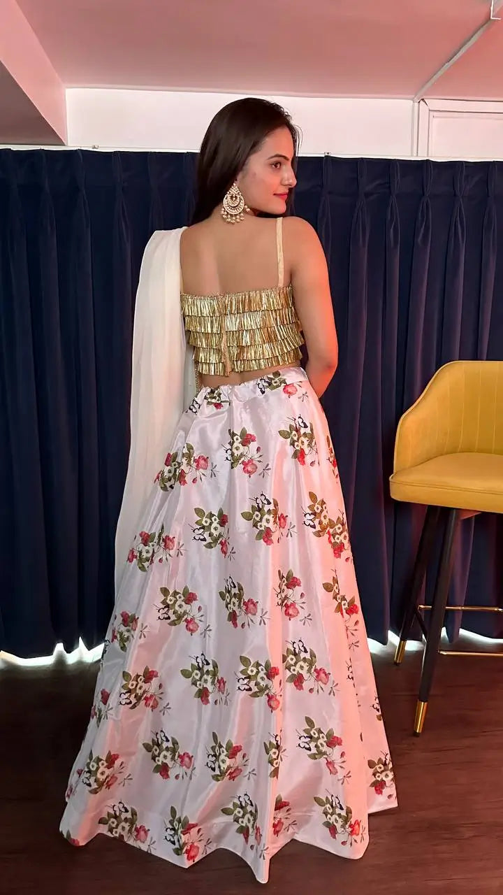 White Tapeta Silk Floral Printed Lehenga Choli