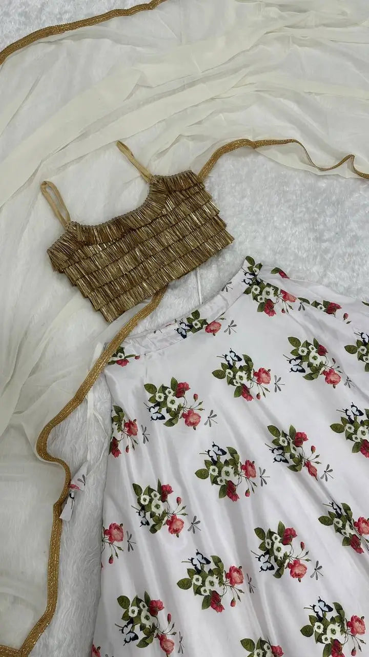 White Tapeta Silk Floral Printed Lehenga Choli