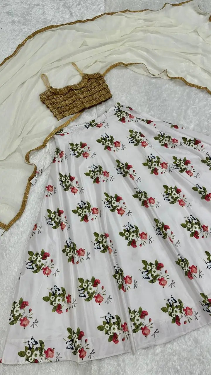 White Tapeta Silk Floral Printed Lehenga Choli