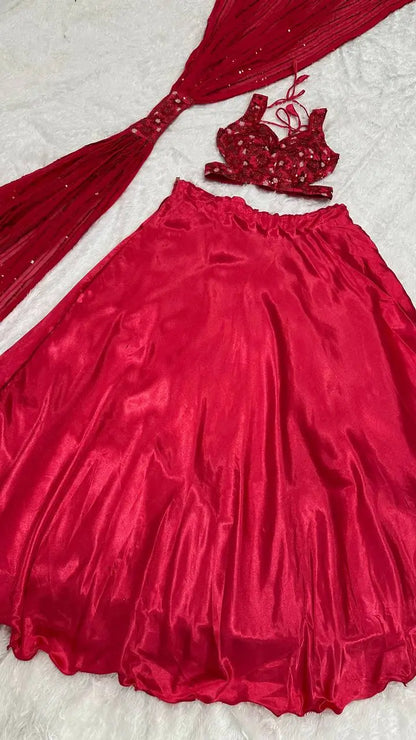 Red Satin Silk Lehenga Choli With Thread, Sequence & Dori Work