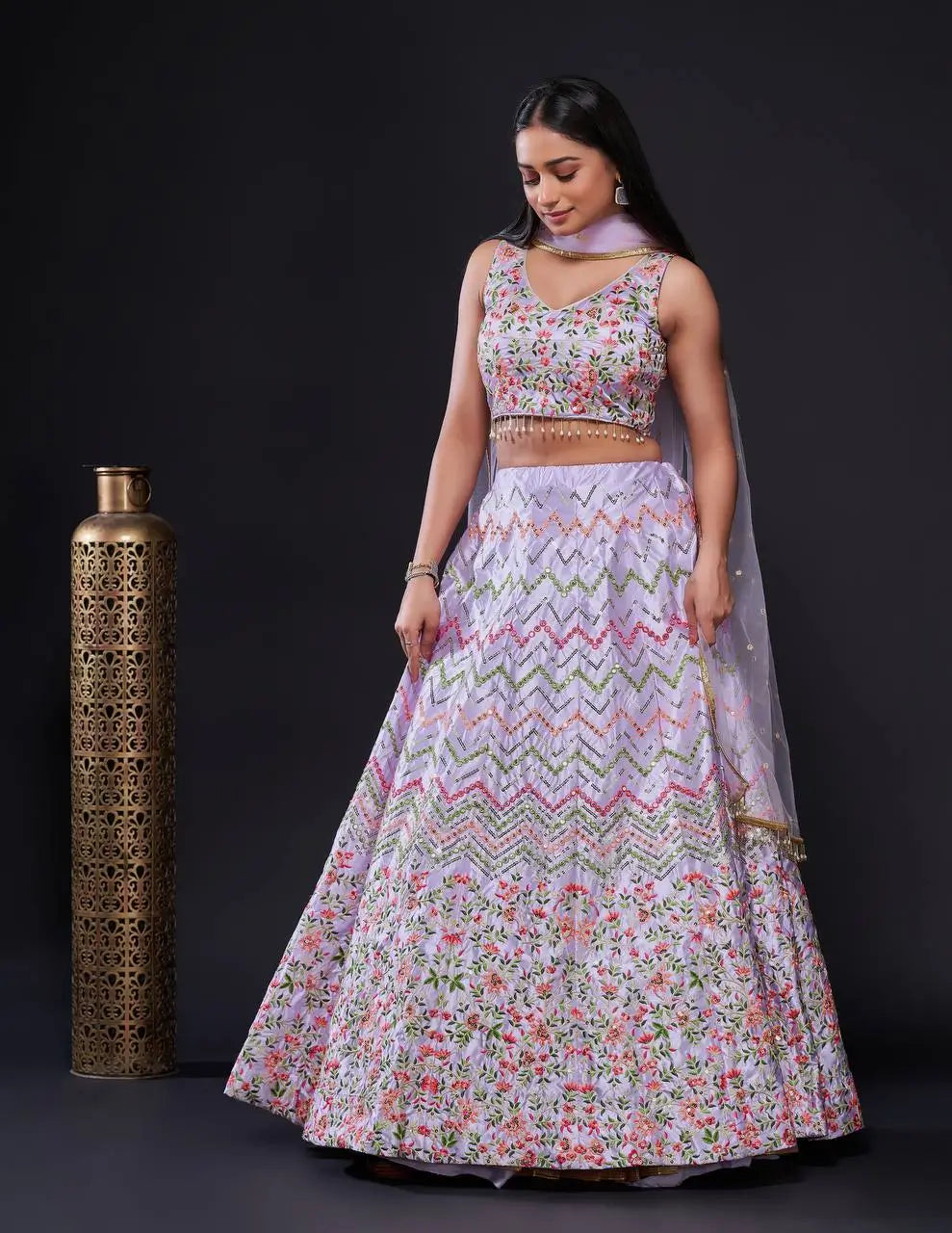 Lavender Satin Silk Thread & Sequence Embroidery Work Lehenga Choli