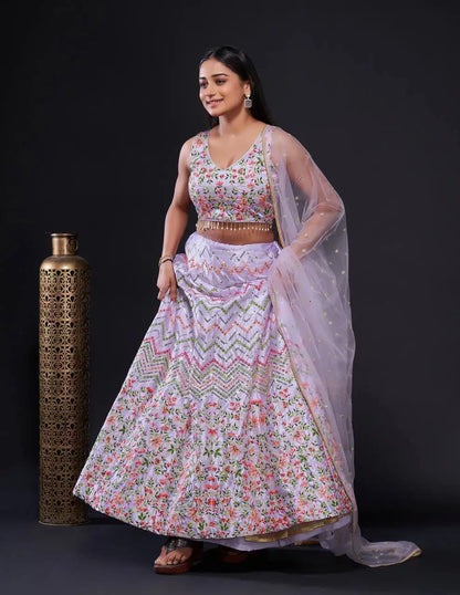 Lavender Satin Silk Thread & Sequence Embroidery Work Lehenga Choli